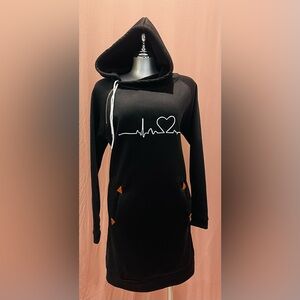 Black Hooded Sweatshirt Dress with Heartbeat Graphic